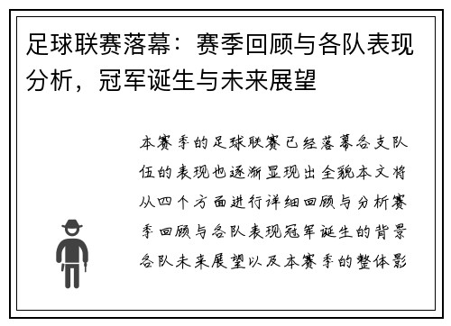 足球联赛落幕：赛季回顾与各队表现分析，冠军诞生与未来展望