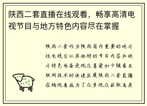 陕西二套直播在线观看，畅享高清电视节目与地方特色内容尽在掌握