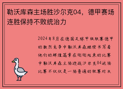 勒沃库森主场胜沙尔克04，德甲赛场连胜保持不败统治力