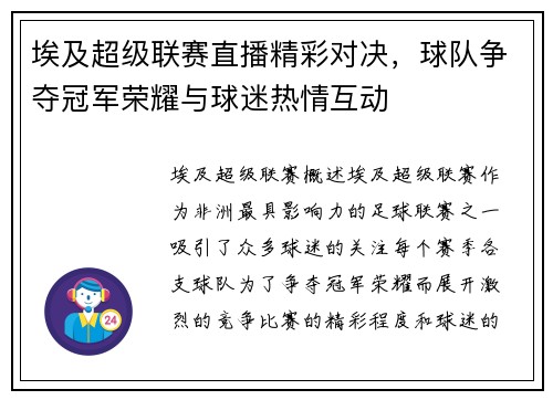埃及超级联赛直播精彩对决，球队争夺冠军荣耀与球迷热情互动